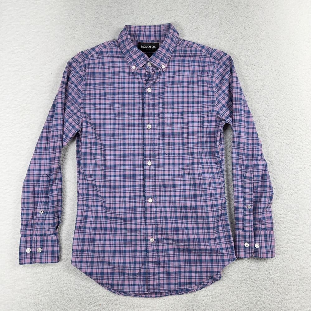Bonobos Slim Fit Button Down Shirt Mens XS Purple Blue Plaid Cotton Stretch